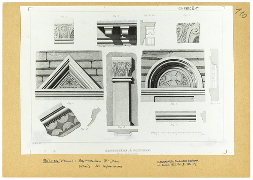 Vorschaubild Poiters: Baptisterium, Details der Außenwand, nach Gailhabaud, Denkmäler Baukunst Bd. II, Tafel 19